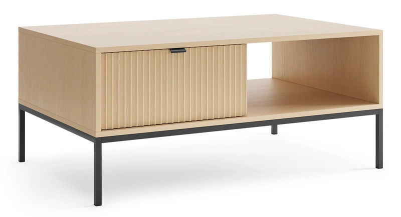 Couchtisch Vellore mit zwei Schubladen und gerillter Front, 104x68 cm, Vicenza-Eiche auf schwarzen Beinen