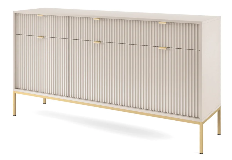 Drehtür-Kommode Vellore 154 cm Kaschmir mit gerillten Fronten und goldenem Gestell