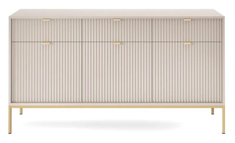 Drehtür-Kommode Vellore 154 cm Kaschmir mit gerillten Fronten und goldenem Gestell