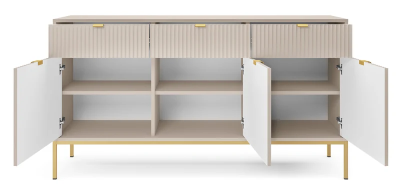 Drehtür-Kommode Vellore 154 cm Kaschmir mit gerillten Fronten und goldenem Gestell