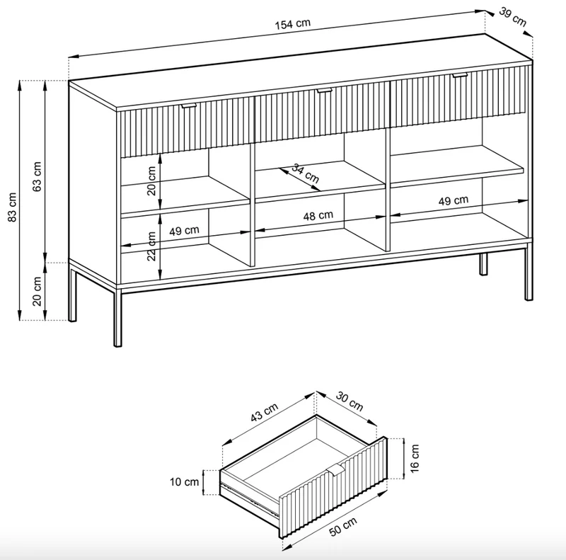 Drehtür-Kommode Vellore 154 cm grün mit gerillten Fronten, schwarzen Griffen und Gestell