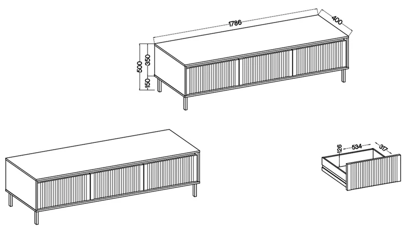 TV-Schrank Osaka mit drei Schubladen und geriffelten Fronten, 179 cm, sandbeige auf schwarzen Füßen