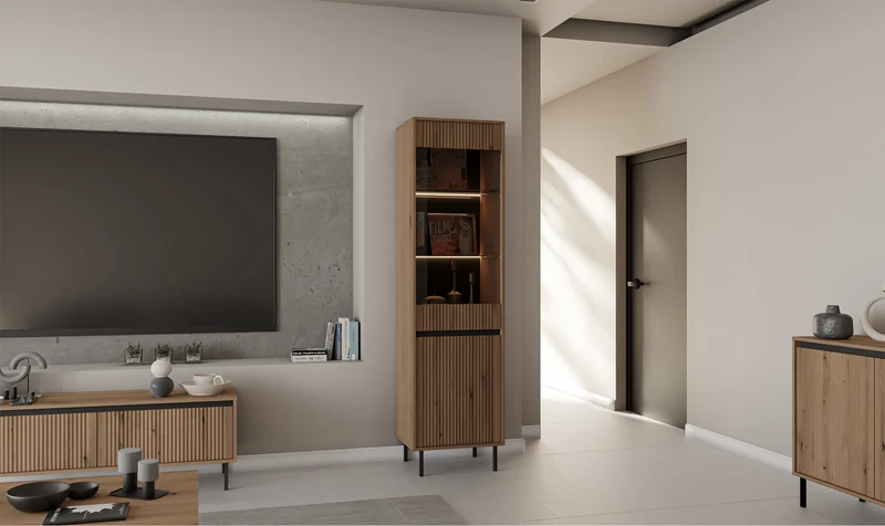 TV-Schrank Osaka mit zwei Schubladen und gerillten Fronten, 140 cm, Eiche Evoke auf schwarzen Beinen