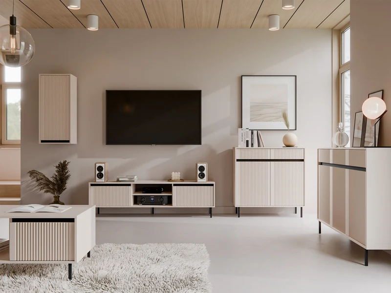 Zweiturige Kommode Osaka mit zwei Schubladen und geriffelten Fronten, 100 cm, sandbeige auf schwarzen Beinen