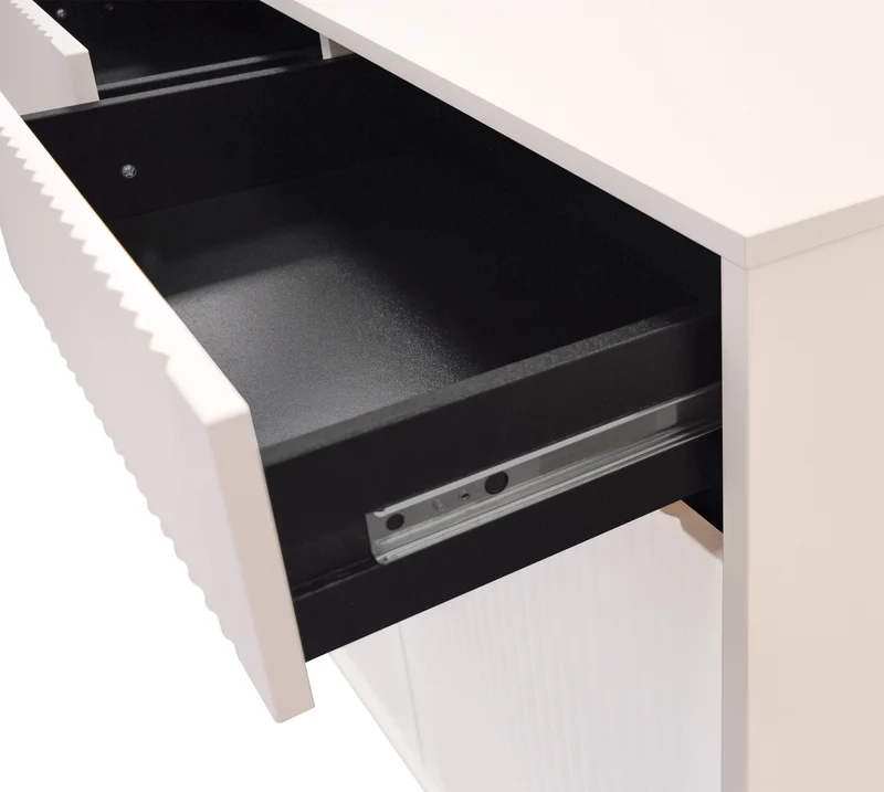 Zweiturige Kommode Osaka mit zwei Schubladen und geriffelten Fronten, 100 cm, sandbeige auf schwarzen Beinen
