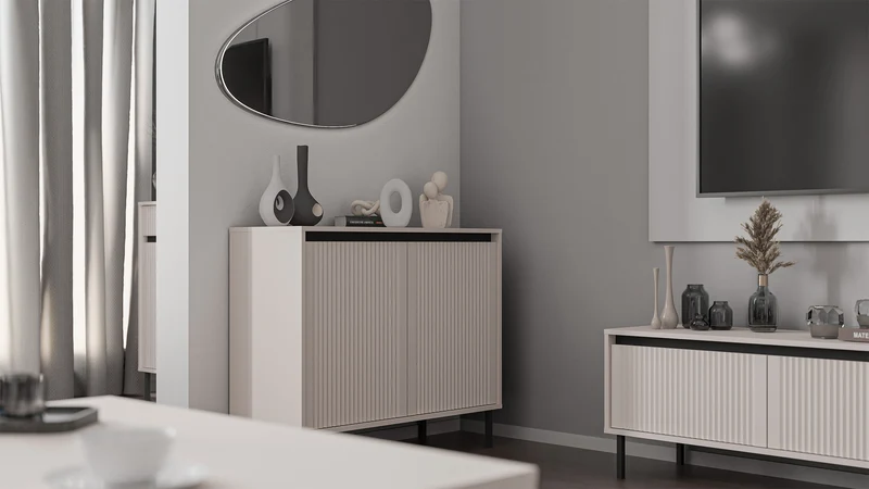 TV-Schrank Osaka mit zwei Schubladen und gerillten Fronten, 140 cm, sandbeige auf schwarzen Beinen