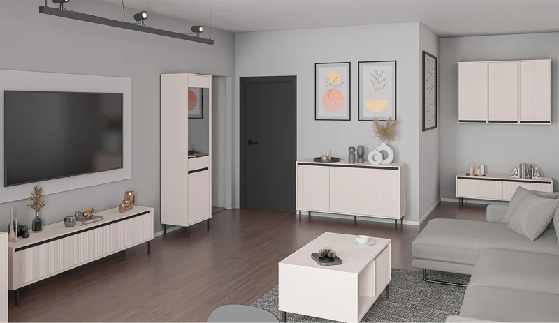 TV-Schrank Osaka mit zwei Schubladen und gerillten Fronten, 140 cm, sandbeige auf schwarzen Beinen