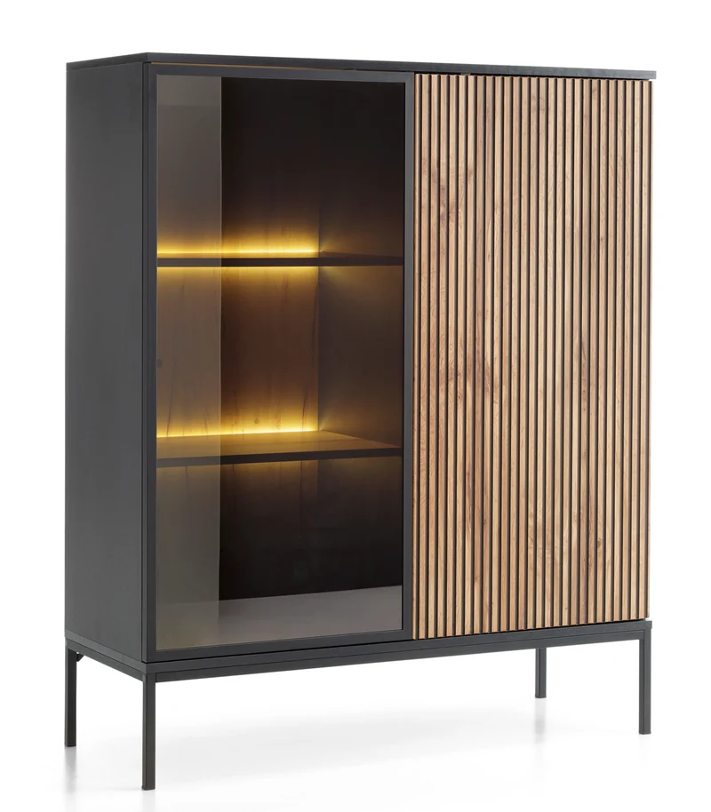 Tosena Vitrine mit zwei Türen und LED-Beleuchtung, 104 cm, Schwarz/Wotan-Eiche