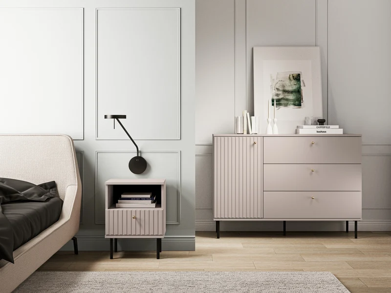 Nachttisch Caletto mit Schublade 40 cm, dekorative Lamellen, beige