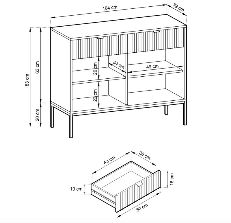 Zweiturige Kommode Vellore 104 cm grün mit gerillten Fronten, goldenen Griffen und Gestell