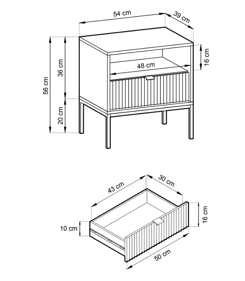 Nachttisch Vellore 54 cm Kaschmir mit geriffelter Front und goldenem Gestell