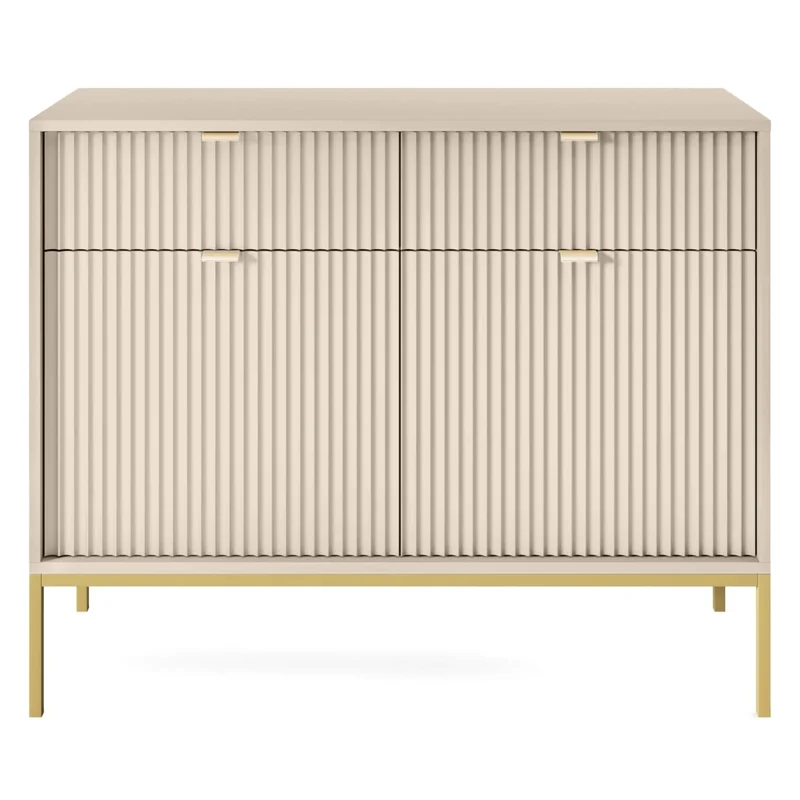 Zweiturige Kommode Vellore 104 cm beige mit gerillten Fronten und goldenem Gestell