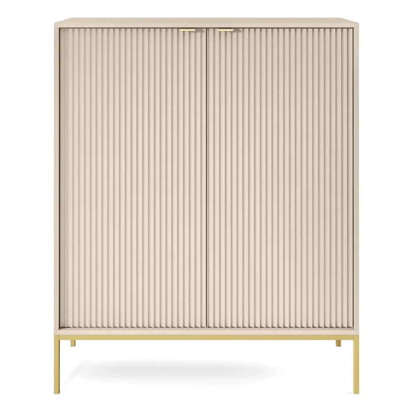 Hohe Kommode Vellore in Beige mit gerillten Fronten und goldenem Gestell