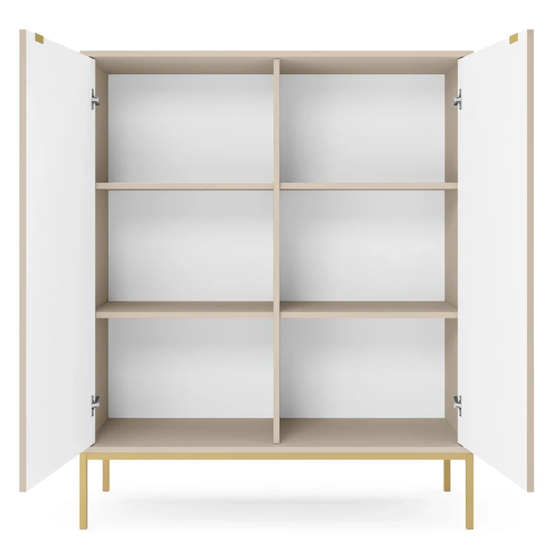 Hohe Kommode Vellore in Beige mit gerillten Fronten und goldenem Gestell