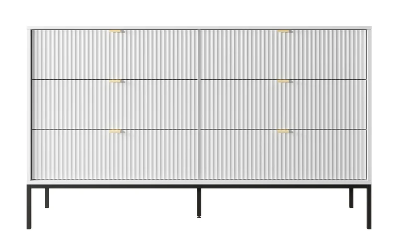 Kommode mit sechs Schubladen Vellore 154 cm weiß mit gerillten Fronten und schwarzem Gestell