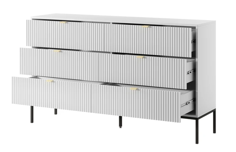 Kommode mit sechs Schubladen Vellore 154 cm weiß mit gerillten Fronten und schwarzem Gestell
