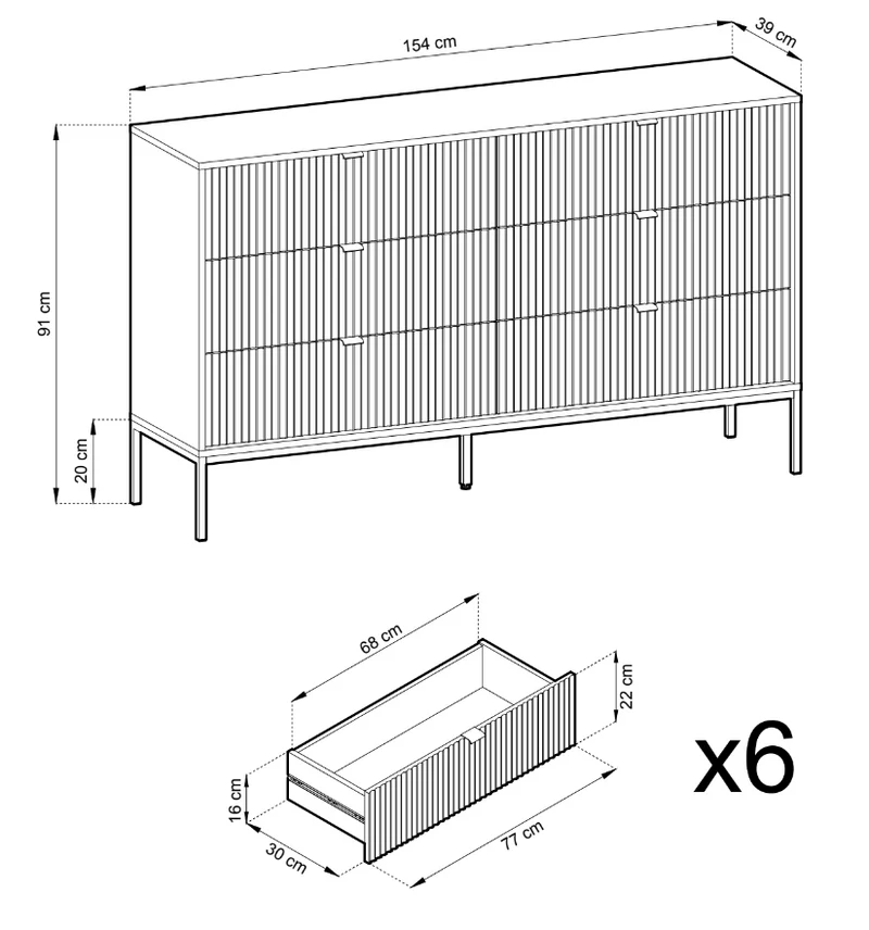Kommode mit sechs Schubladen Vellore 154 cm weiß mit gerillten Fronten und schwarzem Gestell