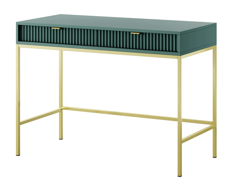 Schminktisch Vellore 104 cm grün mit geriffelten Fronten, goldenen Griffen und Gestell