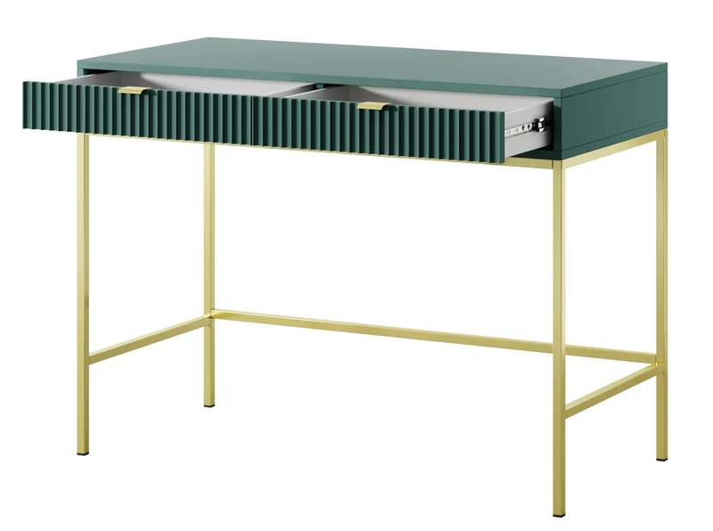 Schminktisch Vellore 104 cm grün mit geriffelten Fronten, goldenen Griffen und Gestell