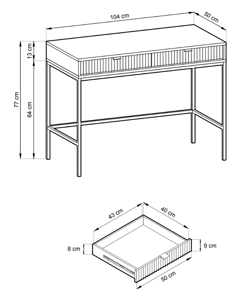 Schminktisch-Schreibtisch Vellore 104 cm grün mit geriffelten Fronten, schwarzen Griffen und Gestell