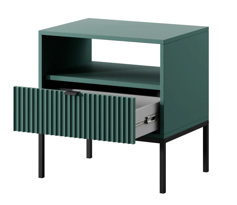 Nachttisch Vellore 54 cm grün mit geriffelter Front, schwarzen Griffen und Gestell