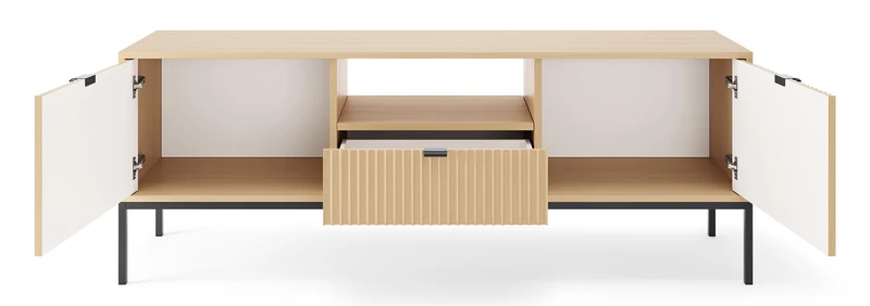 Zweittüriger TV-Schrank Vellore mit Schublade und geriffelter Front, 154 cm, Vicenza-Eiche auf schwarzen Füßen