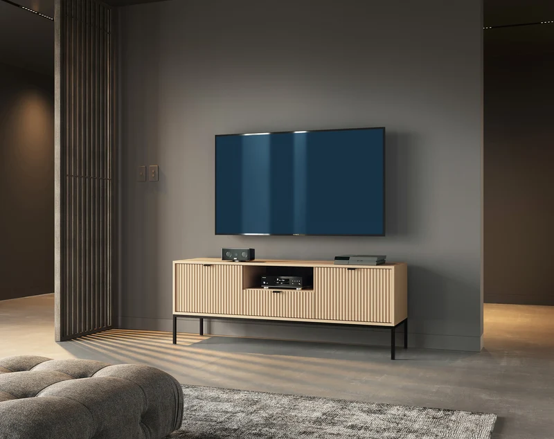 Zweittüriger TV-Schrank Vellore mit Schublade und geriffelter Front, 154 cm, Vicenza-Eiche auf schwarzen Füßen