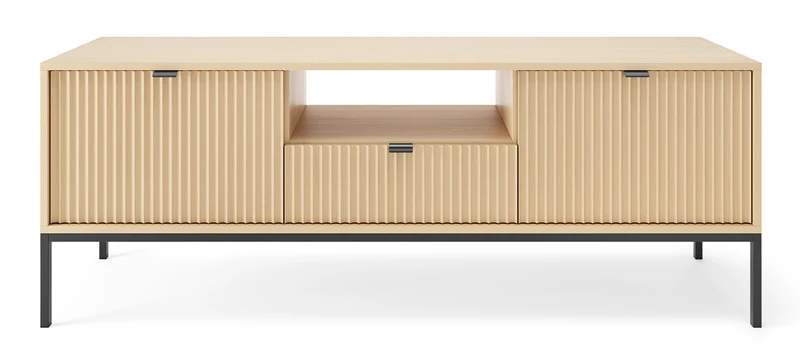 Zweittüriger TV-Schrank Vellore mit Schublade und geriffelter Front, 154 cm, Vicenza-Eiche auf schwarzen Füßen