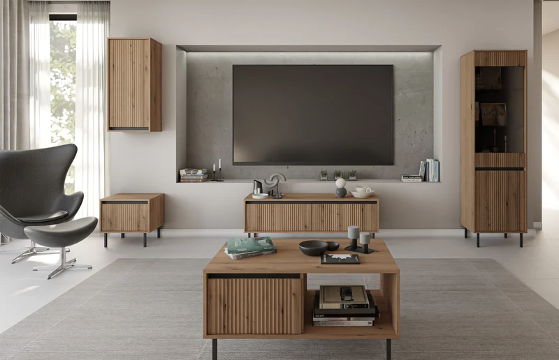 TV-Schrank Osaka mit zwei Schubladen und einem Regal, 179 cm, Eiche Evoke auf schwarzen Beinen