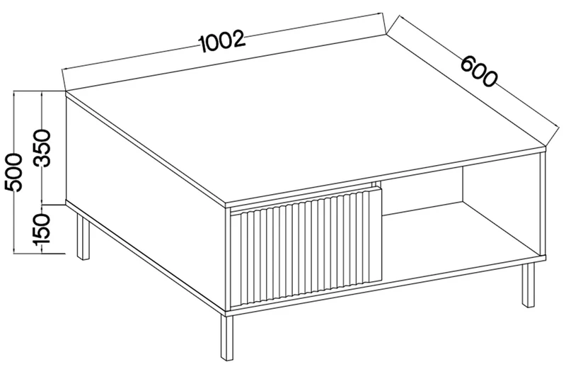 Osaka Couchtisch mit zwei Schubladen und gerillten Fronten, 100 cm Eiche Evoke auf schwarzen Beinen