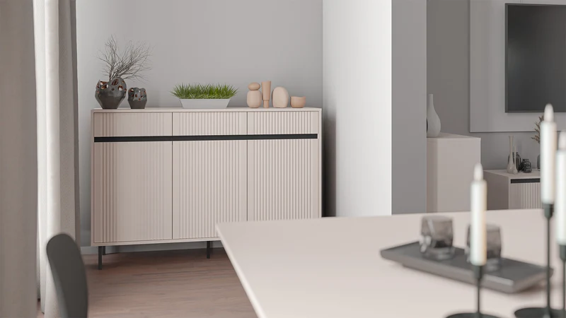 Drehtür-Kommode Osaka mit drei Schubladen und geriffelten Fronten, 149 cm, sandbeige auf schwarzen Beinen