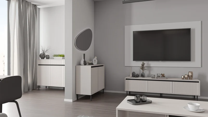 Drehtür-Kommode Osaka mit drei Schubladen und geriffelten Fronten, 149 cm, sandbeige auf schwarzen Beinen