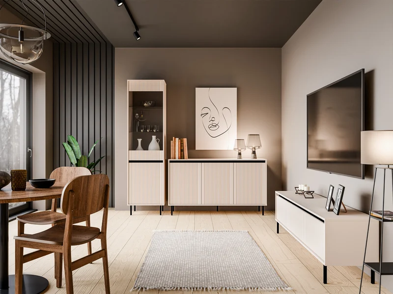 TV-Schrank Osaka mit zwei Schubladen und einem Regal, 179 cm, sandbeige auf schwarzen Beinen