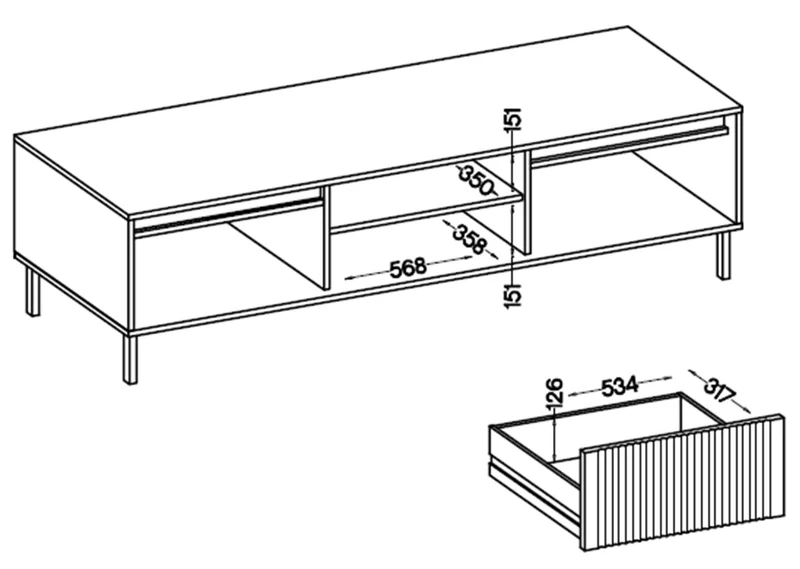 TV-Schrank Osaka mit zwei Schubladen und einem Regal, 179 cm, sandbeige auf schwarzen Beinen