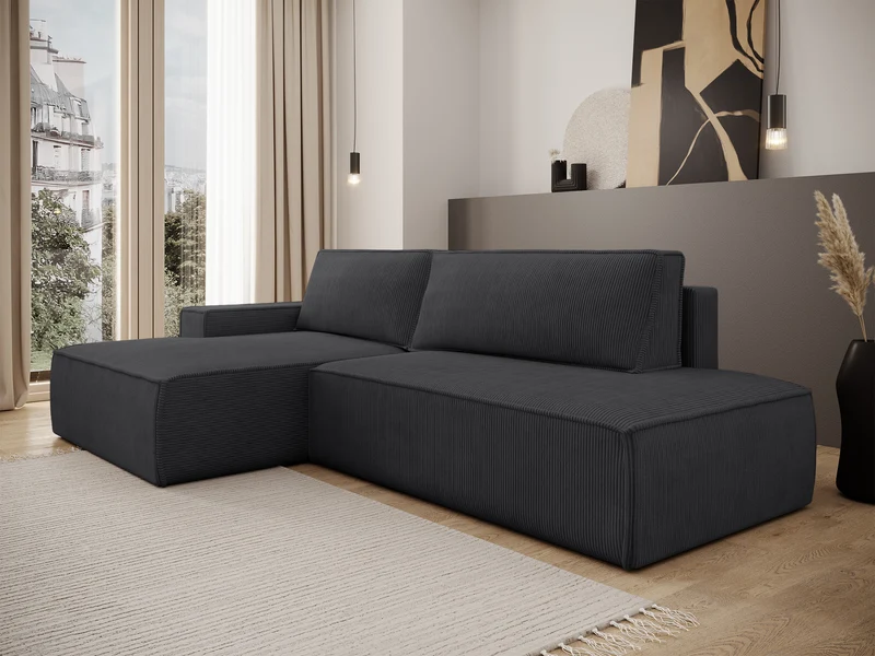 Ecksofa mit Schlaffunktion Felicjo, L-Form, linksseitig, mit Stauraum, dunkelgrauer Cordstoff