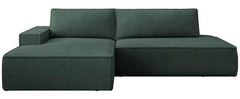Ecksofa mit Schlaffunktion Felicjo, L-förmig, linksseitig, mit Stauraum, dunkelgrüner Cordstoff