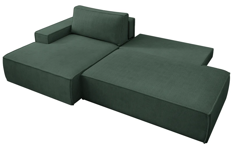 Ecksofa mit Schlaffunktion Felicjo, L-förmig, linksseitig, mit Stauraum, dunkelgrüner Cordstoff