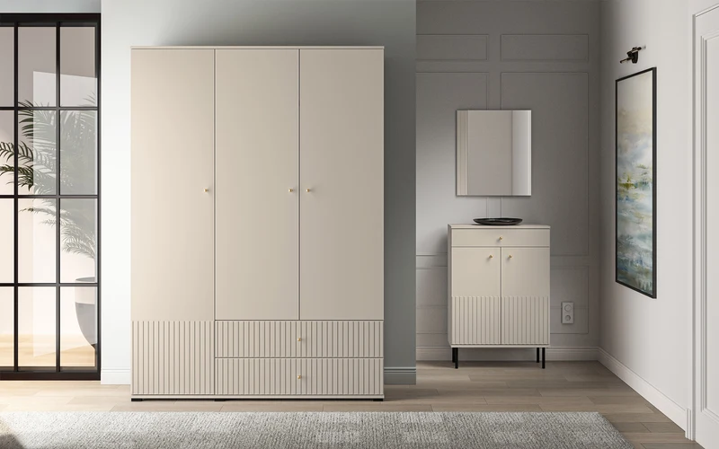 Drehtürenschrank Caletto 150 cm mit zwei Schubladen, dekorative Lamellen, beige