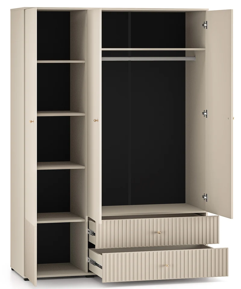 Drehtürenschrank Caletto 150 cm mit zwei Schubladen, dekorative Lamellen, beige