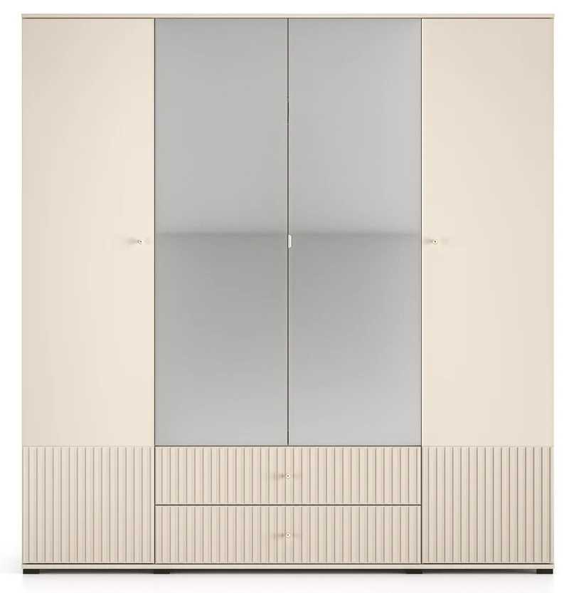 Vier­türiger Schrank Caletto 200 cm mit zwei Schubladen und Spiegel, dekorative Lamellen, beige
