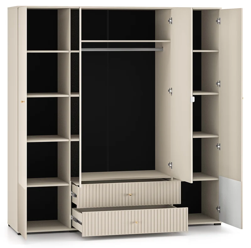 Vier­türiger Schrank Caletto 200 cm mit zwei Schubladen und Spiegel, dekorative Lamellen, beige