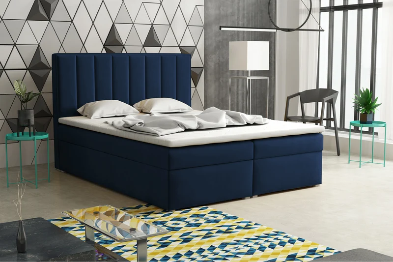 Kontinentalbett 160x200 cm Rinus mit Stauraum und Topper, dunkelblauer Samt