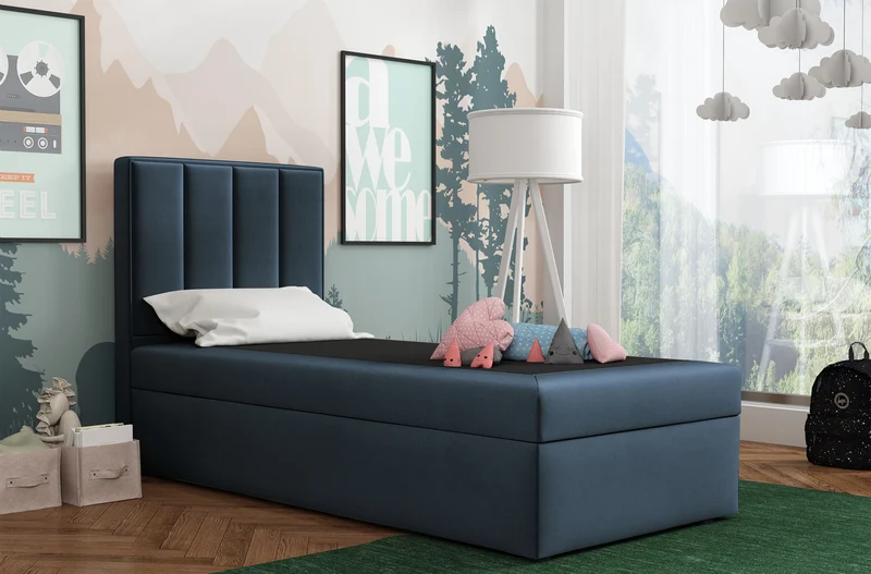 Kontinentalbett 90x200 cm Rinus mit Stauraum, marineblauer Velours, wasserabweisend, rechtsseitig
