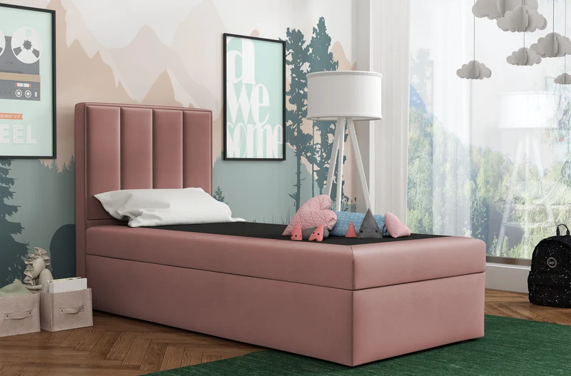 Kontinentalbett 90x200 cm Rinus mit Stauraum, rosa Velours, wasserabweisend, linke Ausführung
