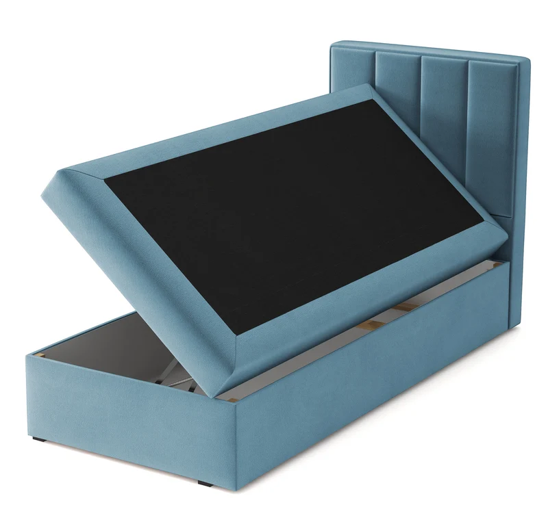 Kontinentalbett 90x200 cm Rinus mit Stauraum, hellblauer Veloursstoff, wasserabweisend, rechtsseitig