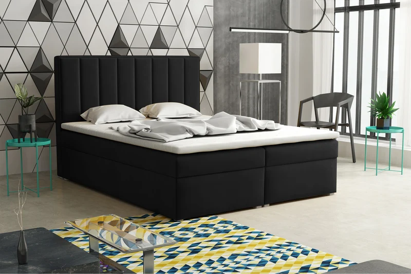 Kontinentales Bett 140x200 cm Rinus mit Stauraum und Topper, schwarzer Samt
