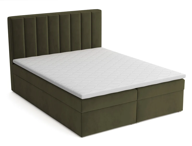 Kontinentales Bett 180x200 cm Rinus mit Stauraum und Topper, olivgrüner Samt