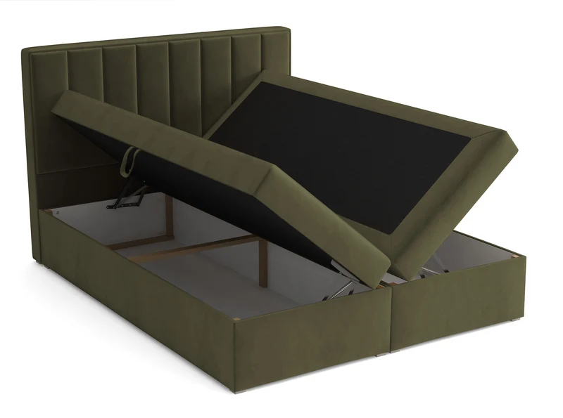 Kontinentales Bett 180x200 cm Rinus mit Stauraum und Topper, olivgrüner Samt