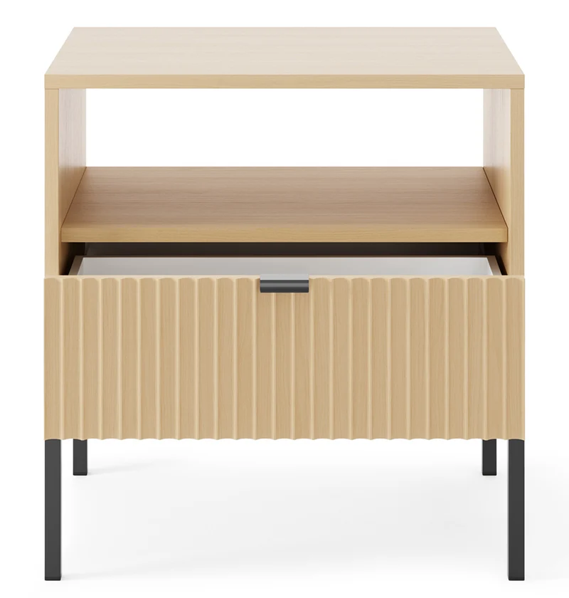 Nachttisch Vellore mit Schublade und geriffelter Front, 54 cm, Vicenza-Eiche auf schwarzen Beinen