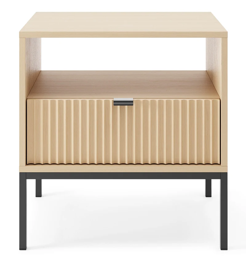 Nachttisch Vellore mit Schublade und geriffelter Front, 54 cm, Vicenza-Eiche auf schwarzen Beinen